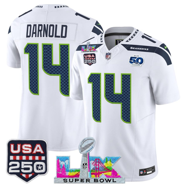 Men's Seattle Seahawks #14 Sam Darnold White 2025 F.U.S.E. Super Bowl LX Patch And 50th Season & USA 250' Patch Vapor Limited Football Stitched Jersey